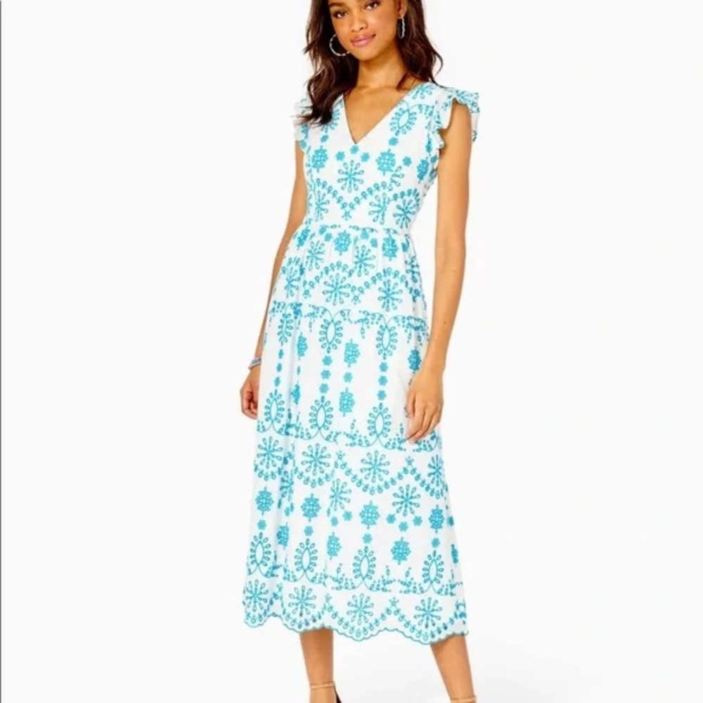 Lilly Pulitzer Lillyanne White and Blue Floral Eyelet Dress, Size 6